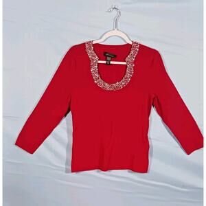 Cable & Gauge Women's Large Jewel Embellished Long Sleeve Knit Top Red